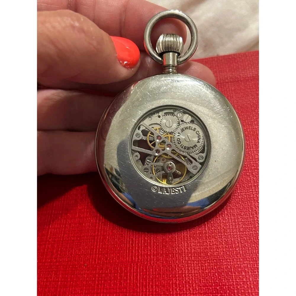 Majesti Skeleton Pocket Watch Blue Dial Mechanical Silver Tone Case